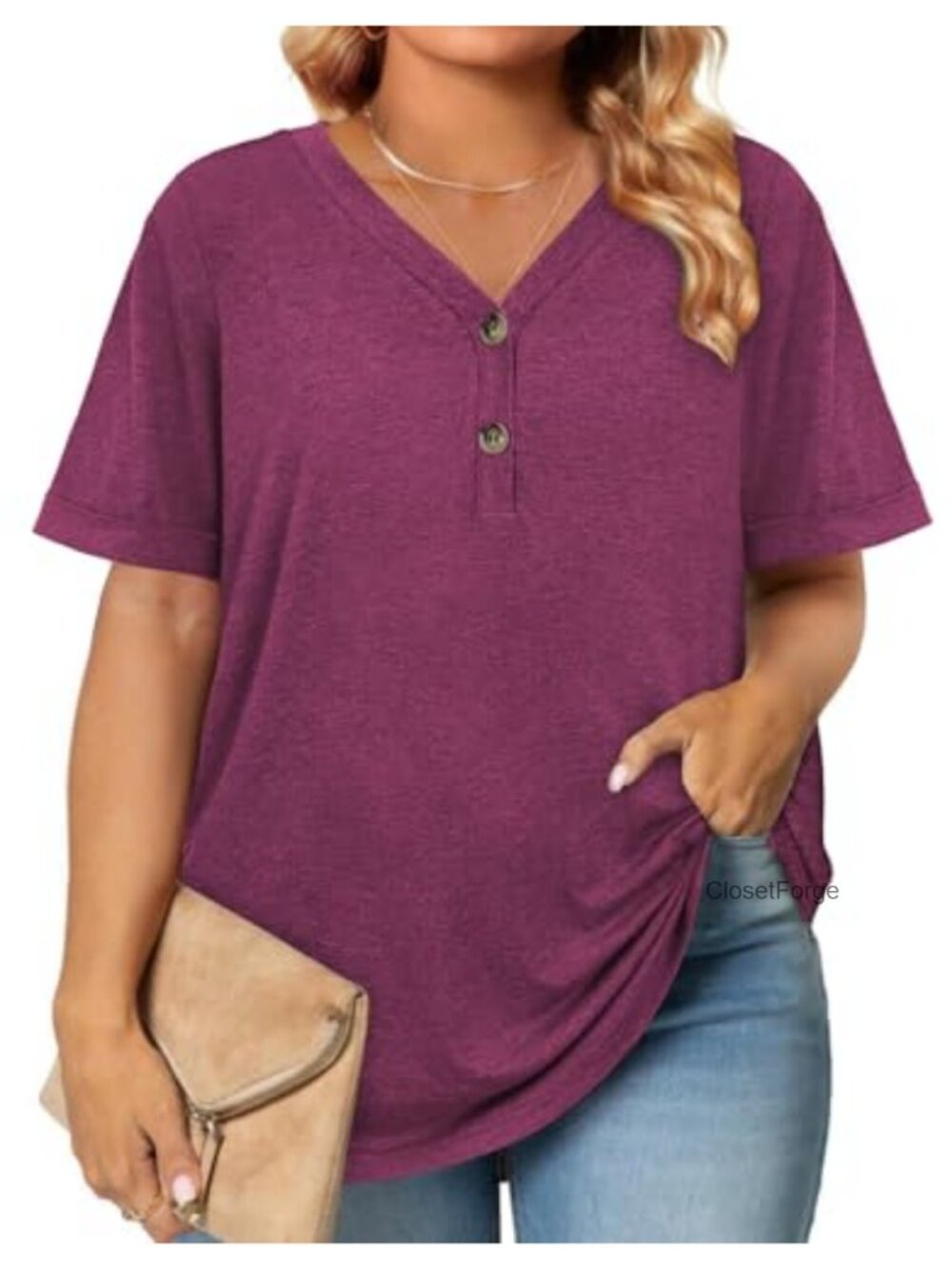 Plus Size Summer Tunic Blouse Button Down Short Sleeve V-Neck Soft